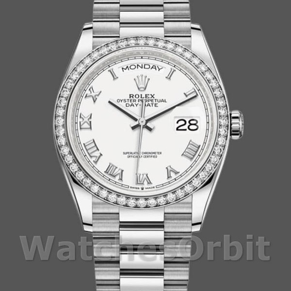 Replica Rolex Day-Date 36mm Unisex-128349RBR-Witte Romeinse wijzerplaat-Diamanten ring Wit