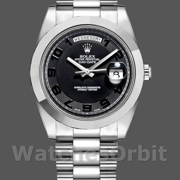 Replica Heren Rolex Day-Date-218206, 41mm, Platina, Concentrisch zwarte wijzerplaat