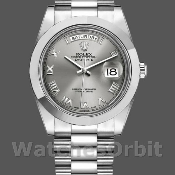 Replica Heren Rolex Day-Date-218206, 41mm, Platina, Concentrisch Rhodium Grijze Romeinse Cijfer Wijzerplaat