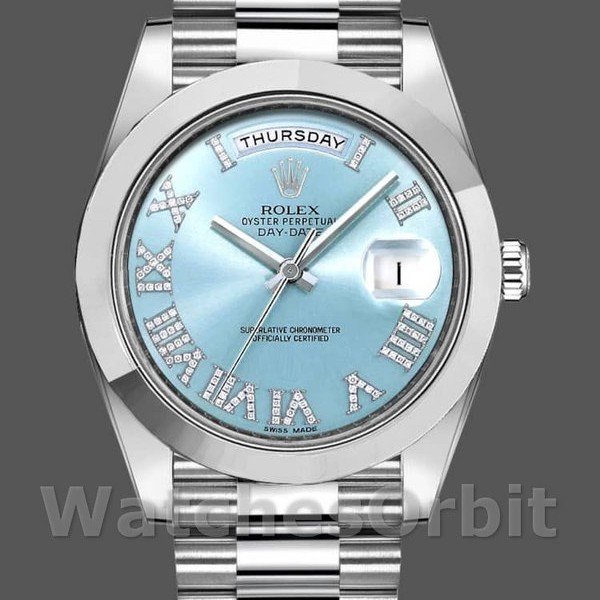 Replica Heren Rolex Day-Date-218206, 41mm, Platina, Glacier Blue Diamond Romeinse Wijzerplaat