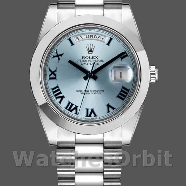 Replica Heren Rolex Day-Date-218206, 41mm, Ijsblauwe wijzerplaat, Platina