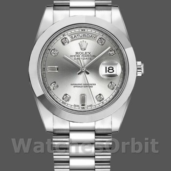 Replica Heren Rolex Day-Date-218206, 41mm, Platina, Zilveren Diamanten Wijzerplaat