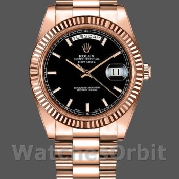 Replica Heren Rolex Day-Date-218235, 41 mm, roségoud, zwarte index wijzerplaat