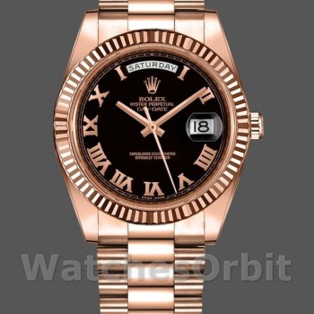 Replica Heren Rolex Day-Date-218235, 41mm, Rose Goud, Zwarte Romeinse Cijfers Wijzerplaat