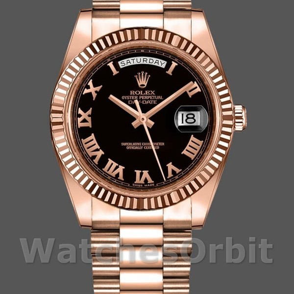 Replica Heren Rolex Day-Date-218235, 41mm, Rose Goud, Zwarte Romeinse Cijfers Wijzerplaat