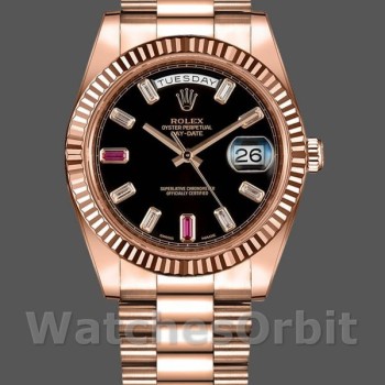 Replica Heren Rolex Day-Date-218235, 41mm, Rose Goud, Zwarte Wijzerplaat met Diamanten en Robijnen, Heren Zwart