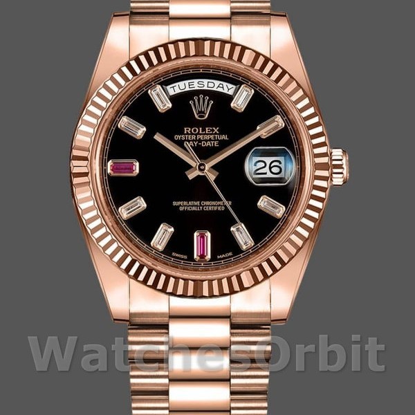 Replica Heren Rolex Day-Date-218235, 41mm, Rose Goud, Zwarte Wijzerplaat met Diamanten en Robijnen, Heren Zwart