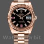 Replica Heren Rolex Day-Date-218235, 41mm, Rose Goud, Zwarte Wijzerplaat met Diamanten en Robijnen, Heren Zwart