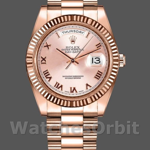 Replica Heren Rolex Day-Date-218235, 41mm, Roze Romeinse cijfers wijzerplaat, Roségoud
