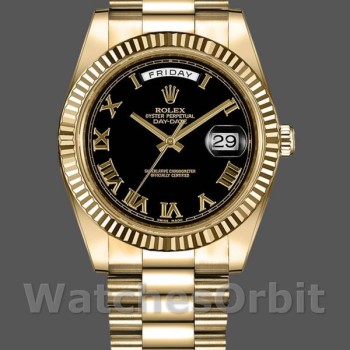 Replica Heren Rolex Day-Date-218238, 41mm, Geelgoud, Wijzerplaat met zwart Romeinse cijfers