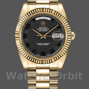 Replica Heren Rolex Day-Date-218238, 41mm, Geelgoud, Concentrische Cirkel Zwarte Wijzerplaat, Heren Zwart