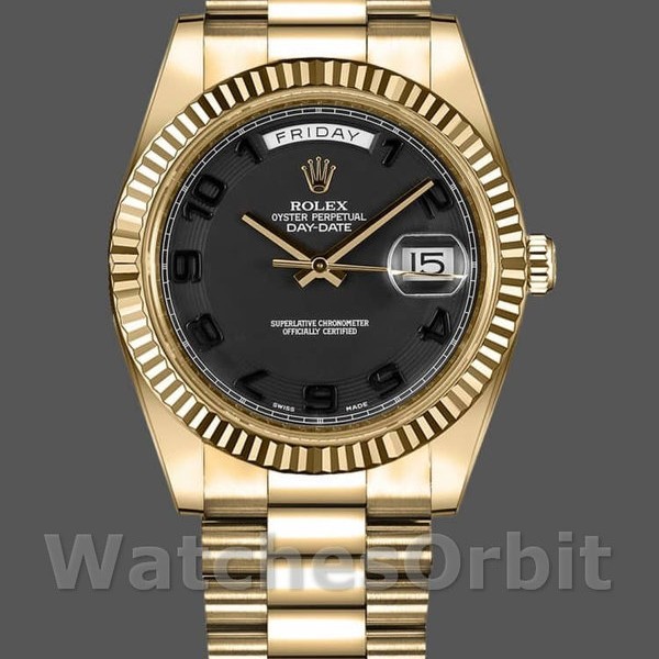 Replica Heren Rolex Day-Date-218238, 41mm, Geelgoud, Concentrische Cirkel Zwarte Wijzerplaat, Heren Zwart