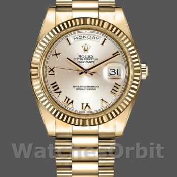 Replica Heren Rolex Day-Date-218238, 41mm, Geelgoud, Zilveren Romeinse Cijfer Wijzerplaat