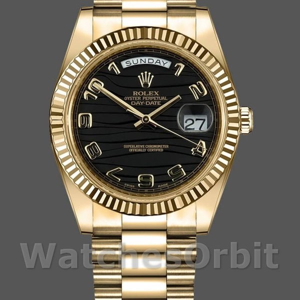 Replica Heren Rolex Day-Date-218238, 41mm, Geelgoud, Golf zwarte wijzerplaat