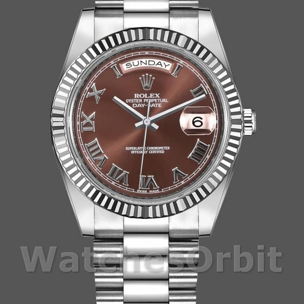 Replica Heren Rolex Day-Date-218239, 41mm, Witgoud, Chocoladebruine Romeinse Cijfers Wijzerplaat