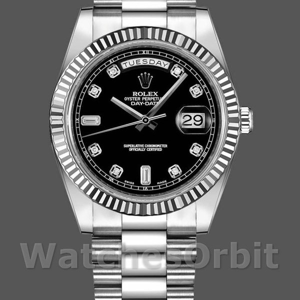 Replica Heren Rolex Day-Date-218239, 41 mm, witgoud, zwarte wijzerplaat met diamant