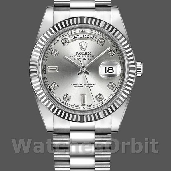 Replica Heren Rolex Day-Date-218239, 41mm, Witgoud, Diamant Zilveren Wijzerplaat