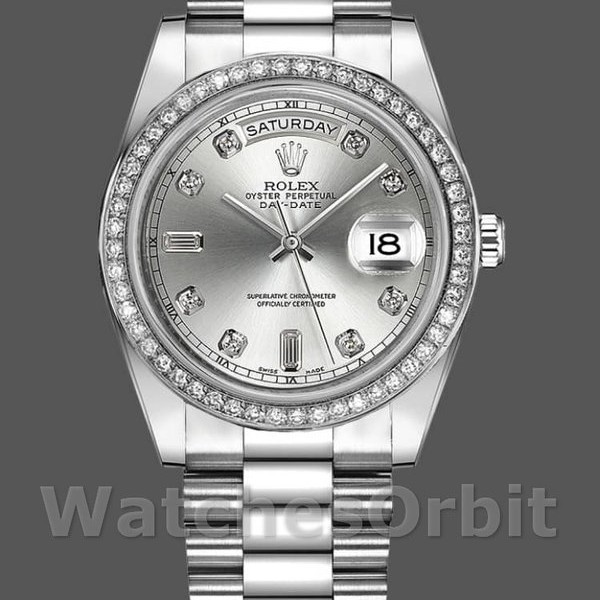 Replica Heren Rolex Day-Date-218349, 41mm, Zilveren diamanten wijzerplaat