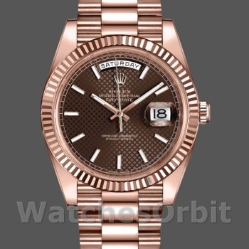 Replica Heren Rolex Day-Date-228235, 40mm, Chocoladebruine Diagonaalmotief wijzerplaat, Geribbelde lunette