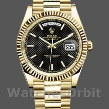 Replica Heren Rolex Day-Date-228238, 40mm, zwarte wijzerplaat met diagonaal motief, geribbelde lunette, zwart voor heren