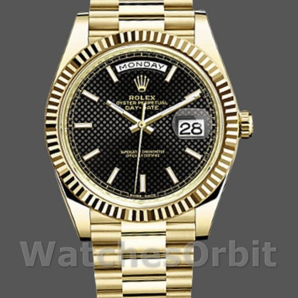 Replica Heren Rolex Day-Date-228238, 40mm, zwarte wijzerplaat met diagonaal motief, geribbelde lunette, zwart voor heren