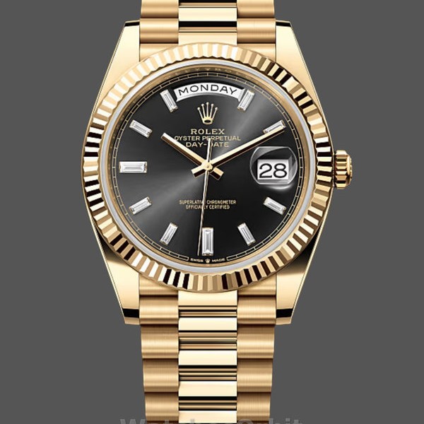 Replica Heren Rolex Day-Date-228238, 40mm, zwarte diamanten wijzerplaat, geribbelde lunette, heren zwart