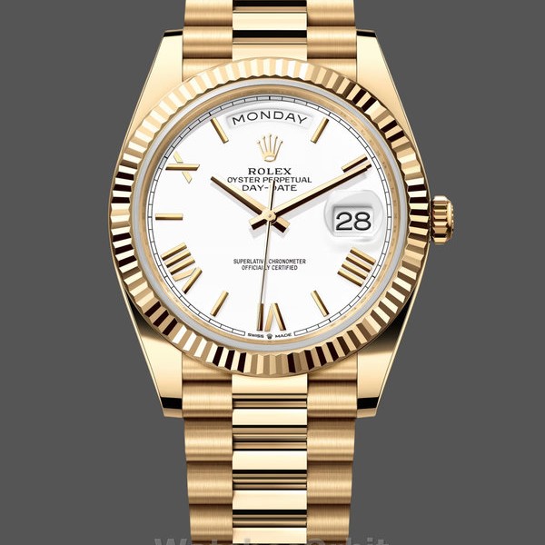 Replica Heren Rolex Day-Date-228238, 40mm, Witte Romeinse wijzerplaat, Geribbelde lunette