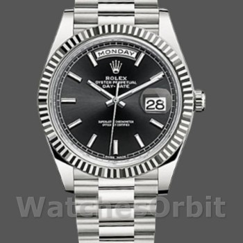 Replica Heren Rolex Day-Date-228239, 40 mm, zwarte index wijzerplaat, geribbelde lunette, heren zwart