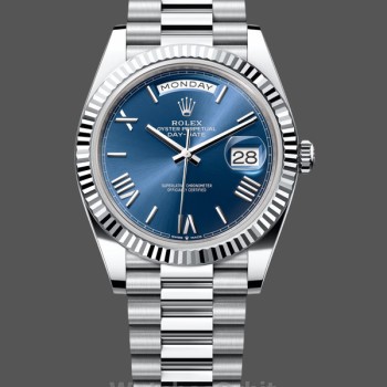 Replica Heren Rolex Day-Date-228239, 40mm, Blauwe Romeinse Wijzerplaat, Geribbelde Ring