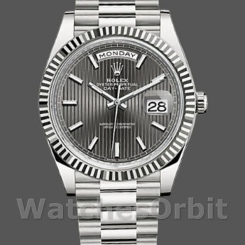 Replica Heren Rolex Day-Date-228239, 40mm, Donker Rhodium Grijze Wijzerplaat, Geribbelde Ring