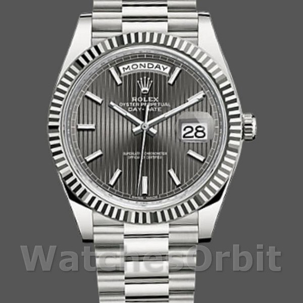 Replica Heren Rolex Day-Date-228239, 40mm, Donker Rhodium Grijze Wijzerplaat, Geribbelde Ring