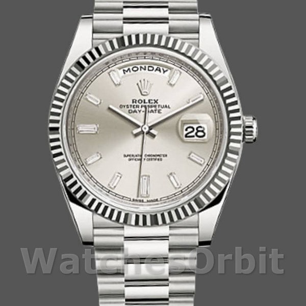 Replica Heren Rolex Day-Date-228239, 40mm, Zilveren Baguette Diamanten Wijzerplaat, Geribbelde Ring