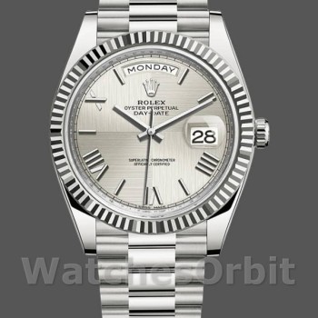 Replica Heren Rolex Day-Date-228239, 40mm, zilver kwadrant motief Romeinse wijzerplaat, geribbelde lunette