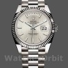 Replica Heren Rolex Day-Date-228239, 40mm, wijzerplaat met zilverkleurig streepmotief, geribbelde lunette