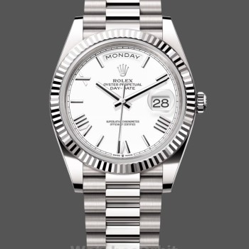 Replica Heren Rolex Day-Date-228239, 40mm, Witte Romeinse wijzerplaat, Geribbelde lunette