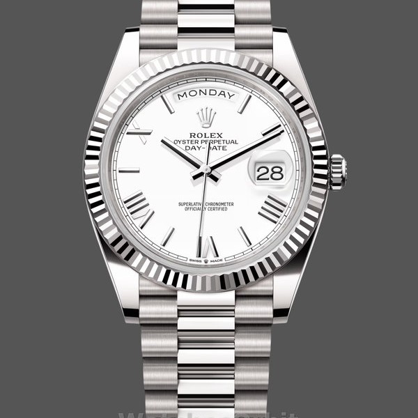 Replica Heren Rolex Day-Date-228239, 40mm, Witte Romeinse wijzerplaat, Geribbelde lunette