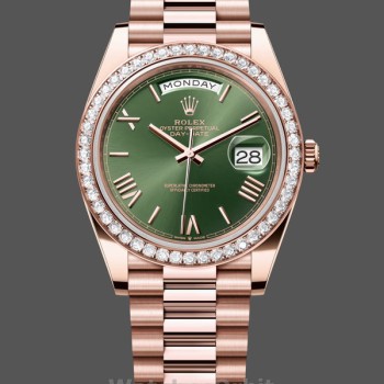 Replica Heren Rolex Day-Date-228345RBR 0011, 40mm, Olijfgroen Romeinse wijzerplaat, Diamanten ring