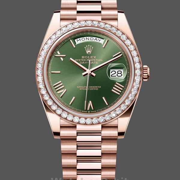 Replica Heren Rolex Day-Date-228345RBR 0011, 40mm, Olijfgroen Romeinse wijzerplaat, Diamanten ring