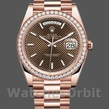 Replica Heren Rolex Day-Date-228345RBR, 40mm, Chocolade Bruin Diagonaal Motief Wijzerplaat, Diamant Bezel