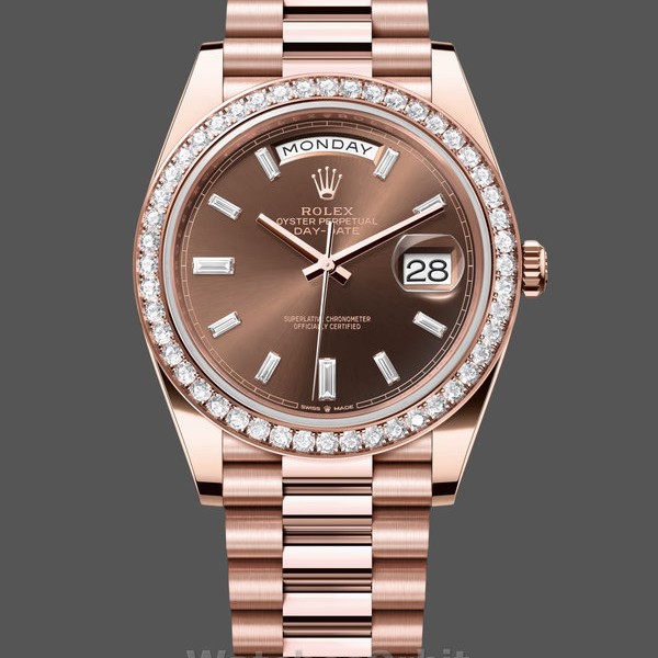 Replica Heren Rolex Day-Date-228345RBR, 40mm, Chocolade Bruin, Diamanten Wijzerplaat, Diamanten Bezel