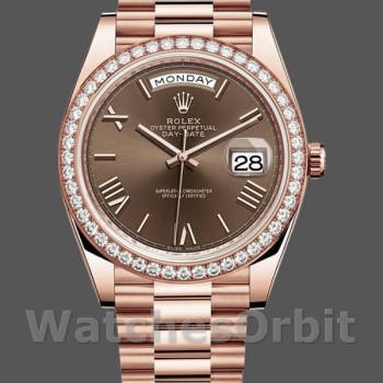 Replica Heren Rolex Day-Date-228345RBR, 40mm, Chocoladebruin Romeinse wijzerplaat, Diamanten ring