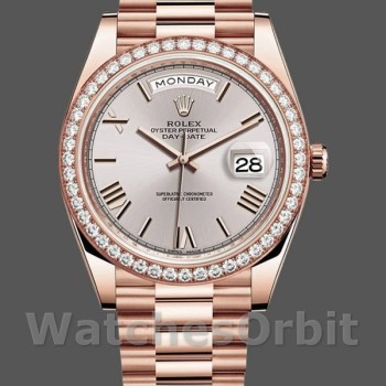Replica Heren Rolex Day-Date-228345RBR, 40mm, Sundust Romeinse wijzerplaat, Diamanten ring