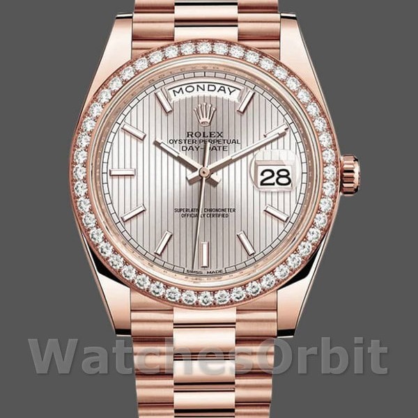 Replica Heren Rolex Day-Date-228345RBR, 40mm, Sundust Stripe Motif Dial, Diamant Bezel, Heren Sundust