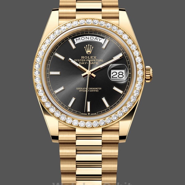 Replica Heren Rolex Day-Date-228348RBR 0043, 40mm, Zwarte Diamanten Wijzerplaat, Diamanten Ring, Heren Zwart