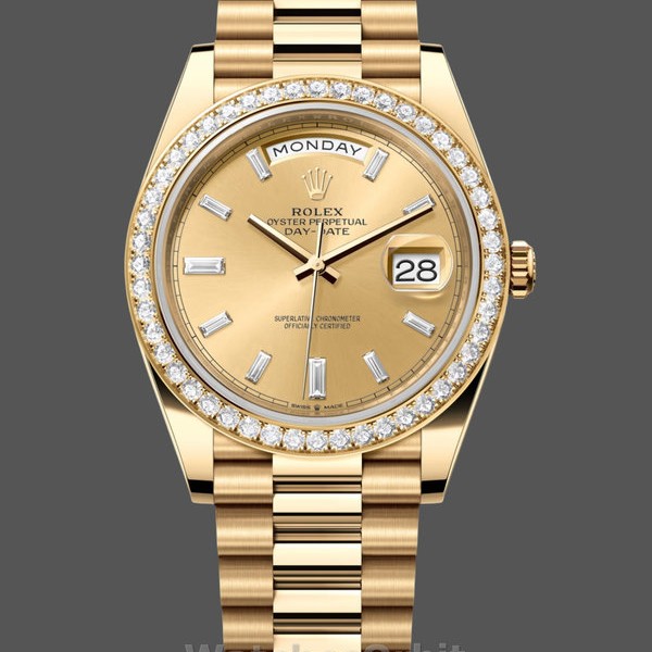 Replica Heren Rolex Day-Date-228348RBR, 40mm, Champagne, Diamanten wijzerplaat, Diamanten ring