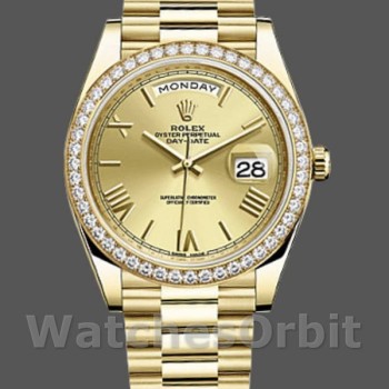 Replica Heren Rolex Day-Date-228348RBR, 40mm, Romeinse wijzerplaat in champagne, diamanten ring