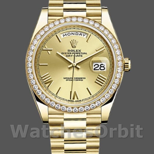 Replica Heren Rolex Day-Date-228348RBR, 40mm, Romeinse wijzerplaat in champagne, diamanten ring