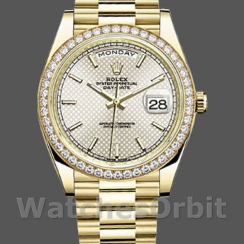 Replica Heren Rolex Day-Date-228348RBR, 40mm, Zilveren Diagonaal Motief Wijzerplaat, Diamanten Ring