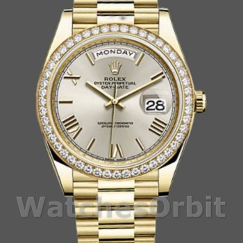 Replica Heren Rolex Day-Date-228348RBR, 40mm, zilver Romeinse wijzerplaat, diamanten ring