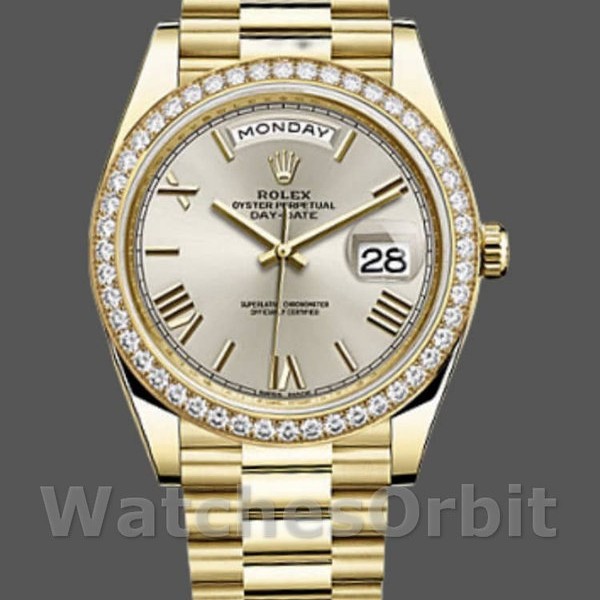 Replica Heren Rolex Day-Date-228348RBR, 40mm, zilver Romeinse wijzerplaat, diamanten ring